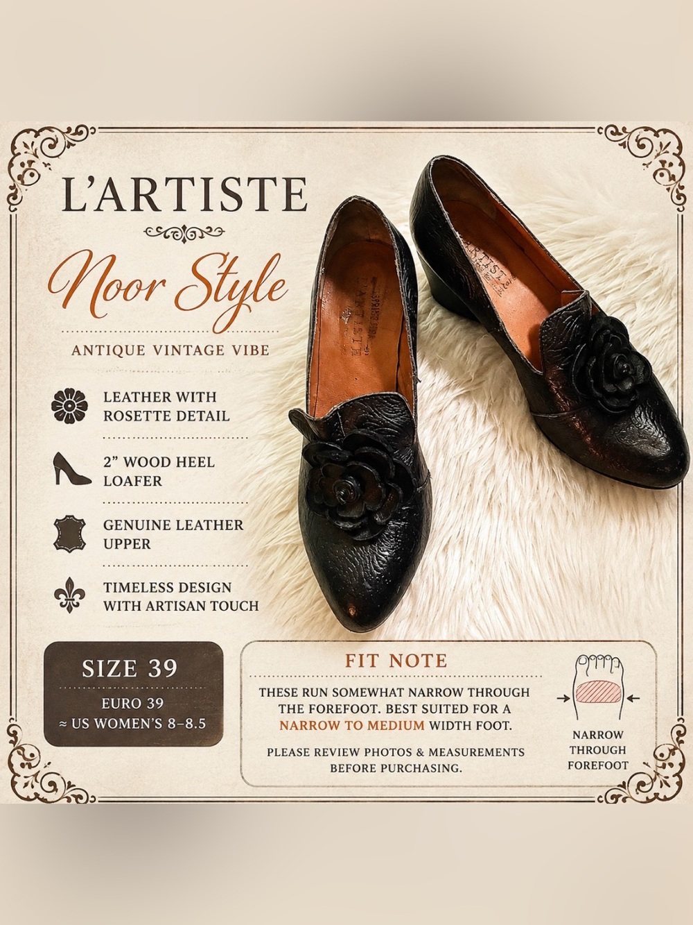 L’Artiste - Noir style - Black Leather -Rosette- chunky wood heel Loafer - 39